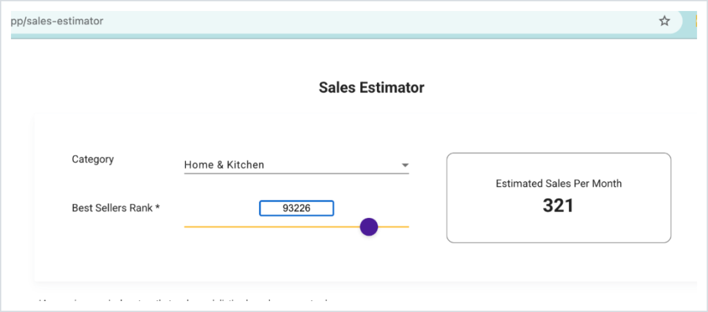 SmartScout Sales Estimator showing Home and Kitchen, BSR 93,226 and 321 estimated monthly sales.