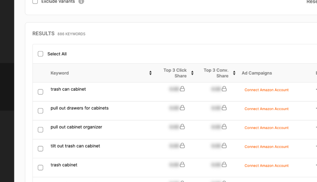 Jungle Scout Keyword Scout showing Download CSV 3/3 limit, locked click-share fields, and Connect Amazon Account prompts