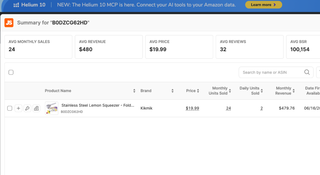 Jungle Scout estimate for B0DZCG62HD showing 24 monthly units sold and $479.76 monthly revenue