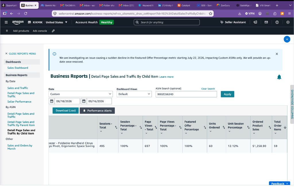 Amazon Seller Central sales data for B0DZCG62HD showing 60 units ordered and $1,258.90 in ordered product sales