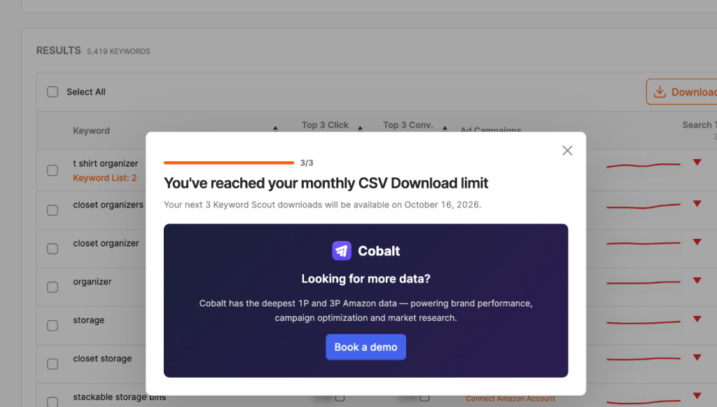 Jungle Scout monthly CSV download-limit warning shown during SaleMigo testing