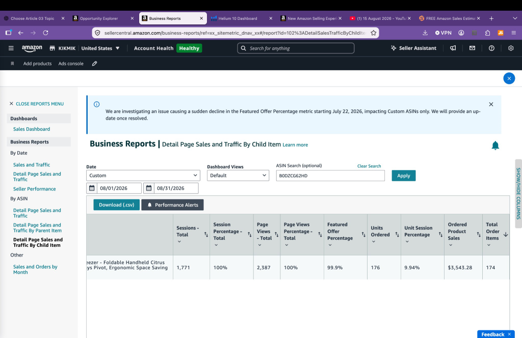 Seller Central August 2026 actual sales for ASIN B0DZCG62HD